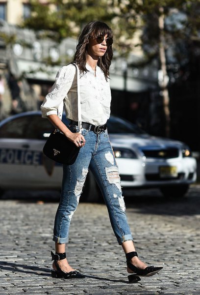 white button down shirt and blue cuffed jeans