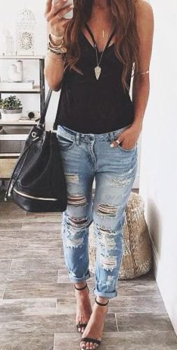 black tank top with ripped boyfriend jeans and open toe heels