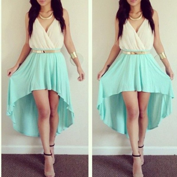 Belted white and aqua wrap dress