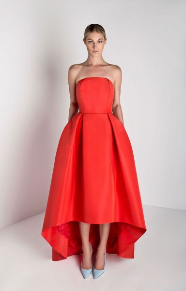 Strapless Red Maxi Flare High Low Dress
