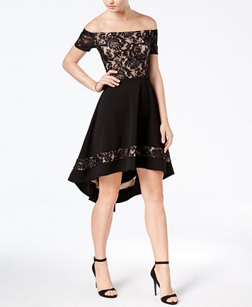 black strapless knee length high low dress