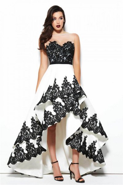 black and white strapless sequin dress with ruffles