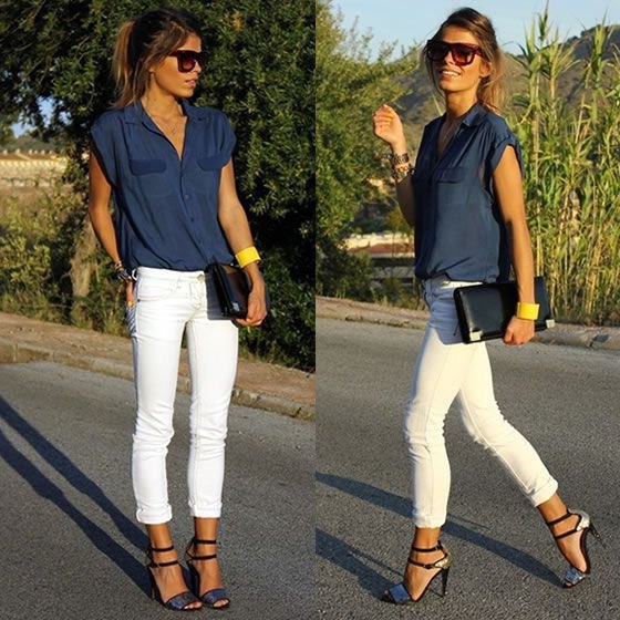 sleeveless butotn up shirt with white skinny jeans