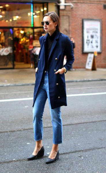 Navy shirt with matching long trench coat