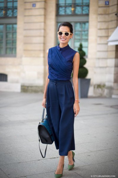 Navy blue shirt with sleeveless collar and matching wide leg cropped trousers