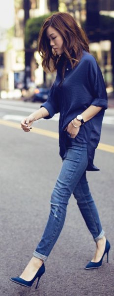 Navy blue relaxed fit top with matching ballet flats