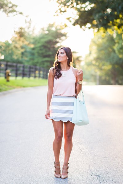 white sleeveless pink striped scallop skirt