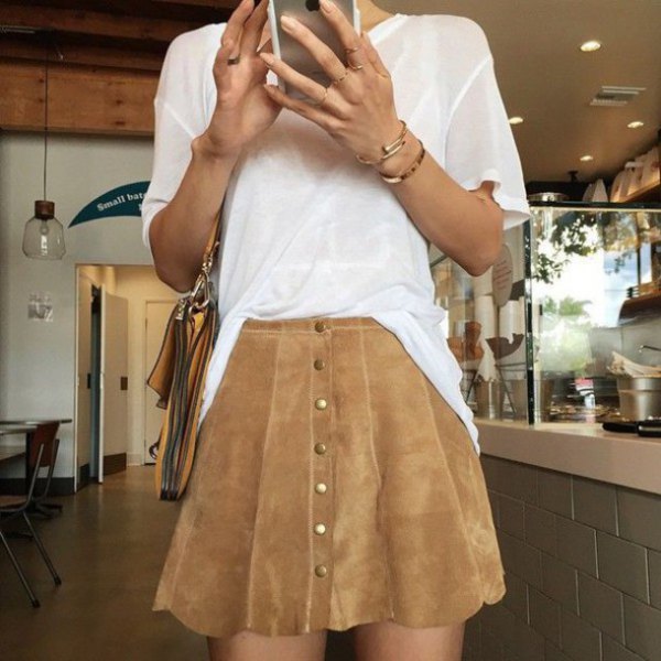 white semi sheer brown suede button down scallop skirt
