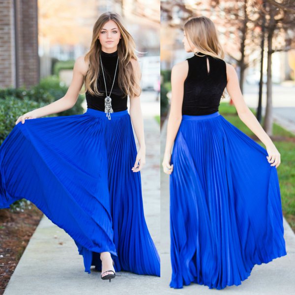 black halter top with pleated maxi skirt