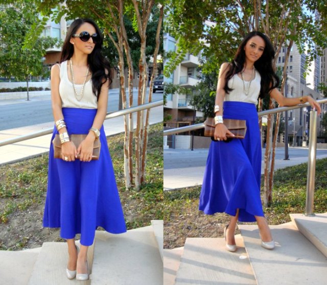 white scoop neck tank top and royal blue maxi skirt