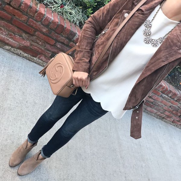 gray matte leather jacket with white shell blouse