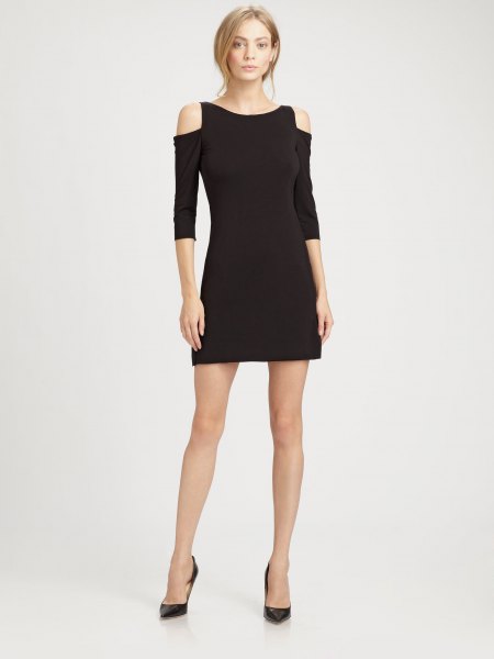 Black cold shoulder mini dress with three quarter sleeves and heels
