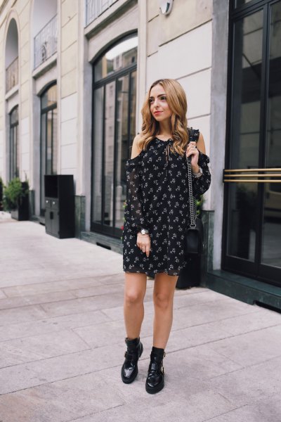 black printed shift mini dress with leather boots