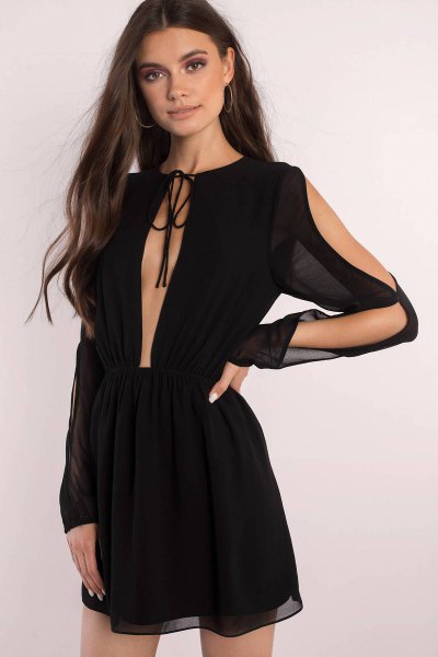 black chiffon neckline cold shoulder mini dress