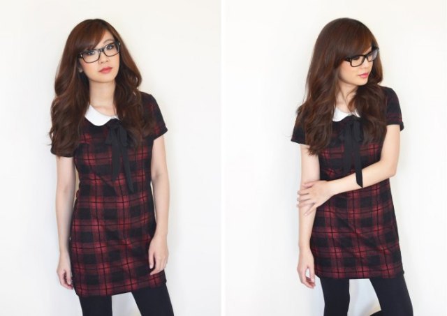 red and black short sleeve mini tartan dress with white collar