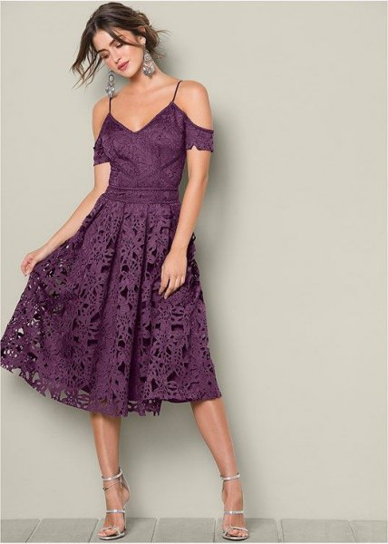 purple two tone cold shoulder fit and flared lace midi dress