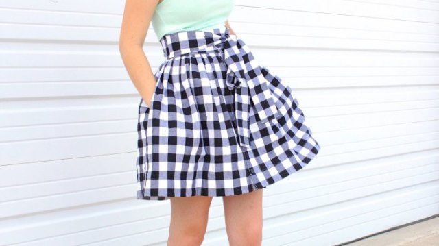 waisted neckholder top with black and white checked mini skirt