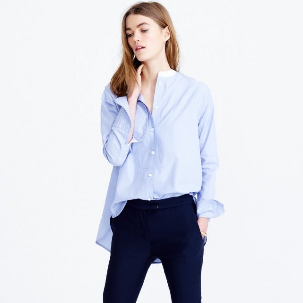 Oversized collarless sky blue shirt with dark blue jeans