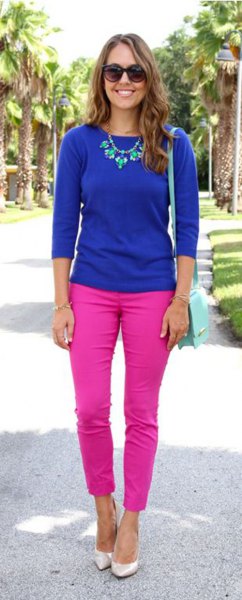 royal blue three quarter sweater with pink ankle jeans