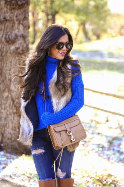 ribbed turtleneck with blue jeans and brown above the knee boots