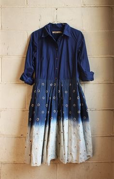 long-sleeved shift dress in blue and pink chiffon with a choker