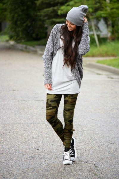 white tunic dress with heather gray cardigan and camo leggings