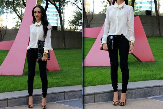 white button down shirt and black skinny jeans and leopard print heels