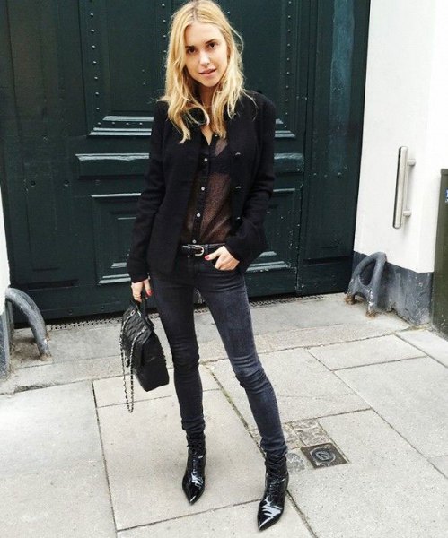 black blazer with semi-sheer blouse and suede moto jeans