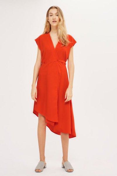 Red Asymmetric Midi Swing Wrap Dress