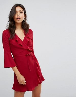 Wrap dress with red bell sleeves and a ruffled collar