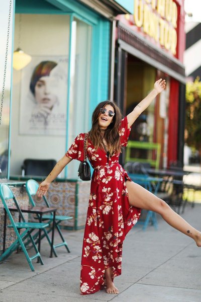 red wrap dress with maxi belt and floral pattern