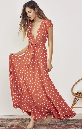 red and white padded maxi wrap dress