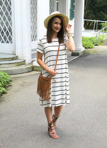 white-grey striped short-sleeved midi sheath dress with strappy summer sandals