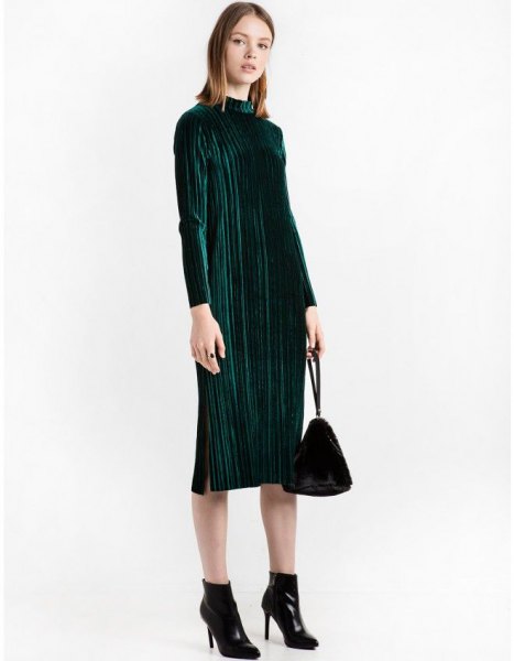 black pleated midi dress with stand-up collar and booties