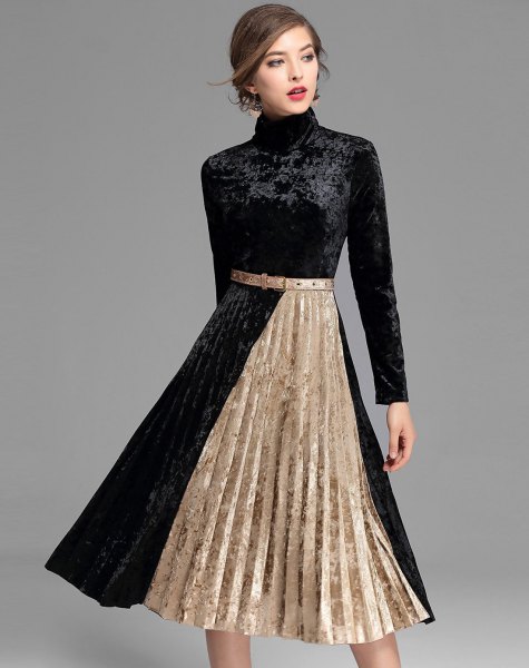 two tone velvet midi dress in black and rose gold