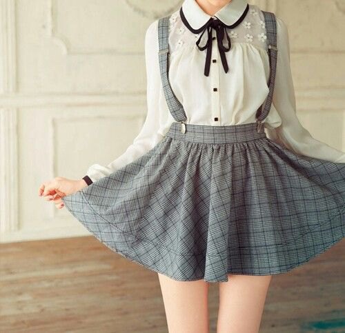 white blouse with round collar and gray plaid suspender dress