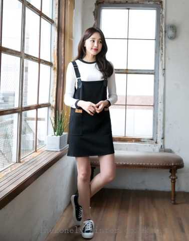 white long sleeve t-shirt with black suspender mini dress