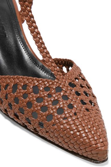 Tan metal-trimmed woven leather flamenco pumps |  Souliers Martinez.