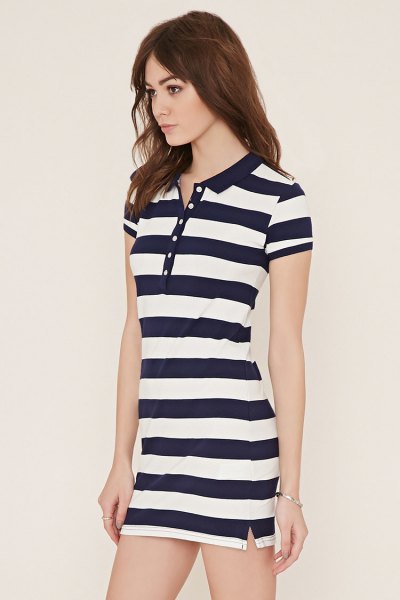 dark blue and white striped polo shirt dress