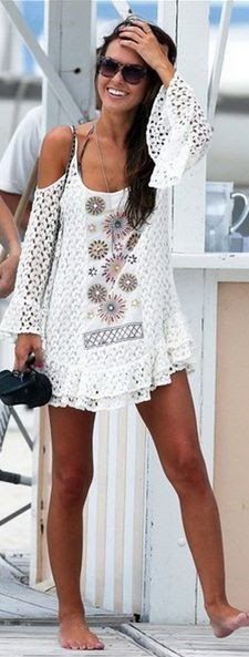 White Cold Shoulder Crochet Dress