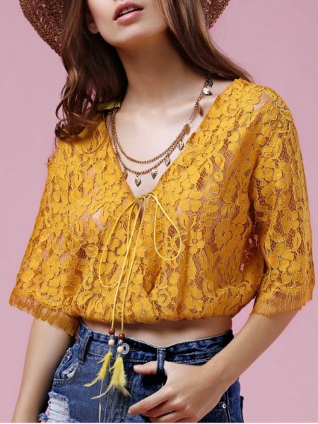 gold lace semi-sheer cropped blouse with straw hat