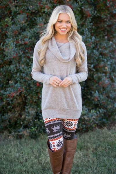 Gray Cowl Neck Sweater With Floral Pattern