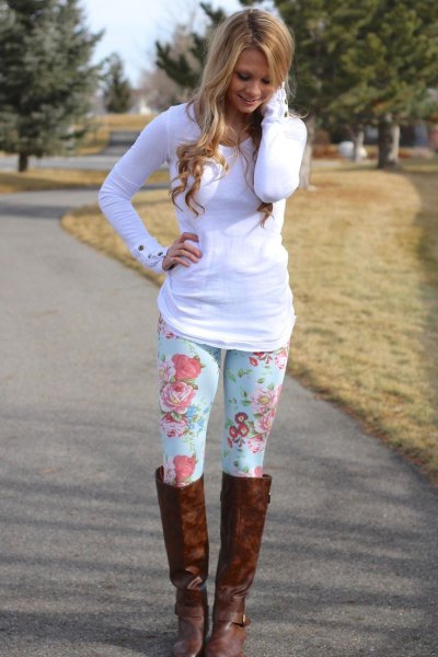 Floral leggings, white long sleeve t-shirt