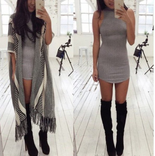 gray mini halter dress with black over the knee boots