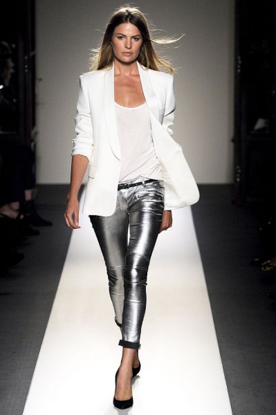 white blazer with silver metallic skinny pants
