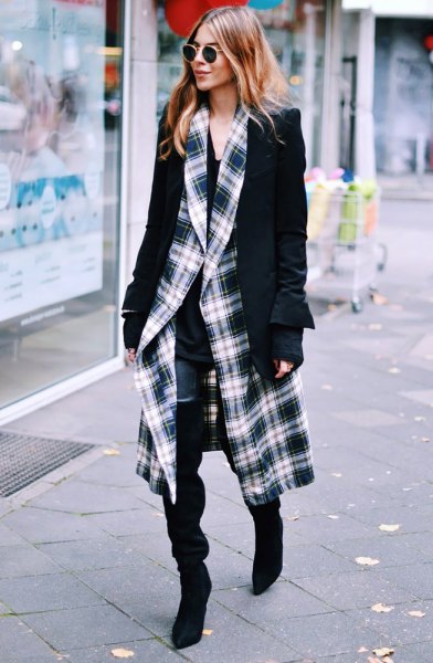 black and white checked coat with blazer and slim-fit jeans