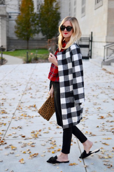 black and white plaid longline wool coat with leopard print clutch
