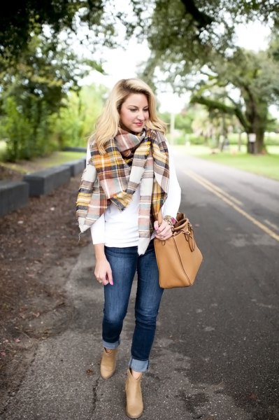 white long-sleeved t-shirt with gold and gray plaid blanket scarf