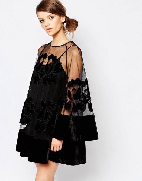 black mini swing dress transparent overlay