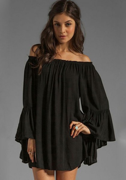 Off the shoulder babydoll mini dress with bell sleeves